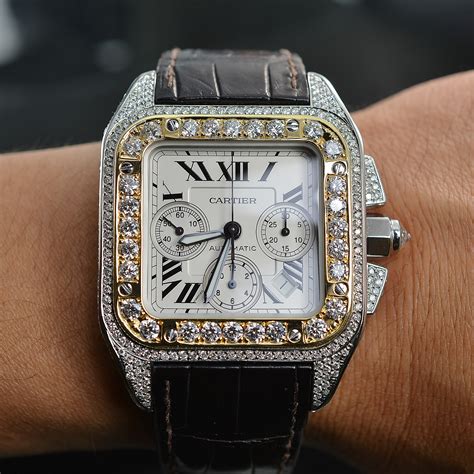 cartier santos 100 xl chronograph diamond watch replica|cartier santos 100 for sale.